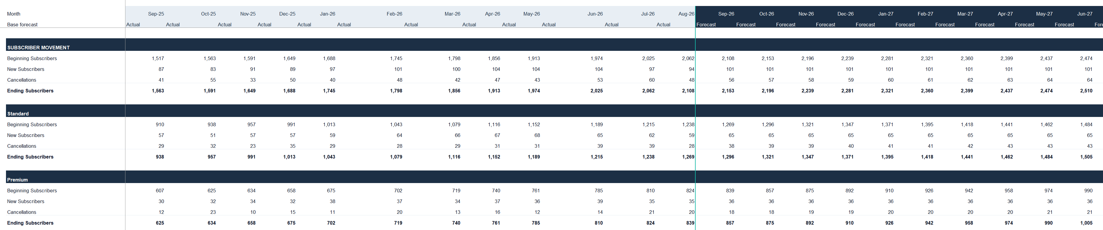 Workbook subscriber movement by plan, with a visible boundary between historical actuals and forecast months.